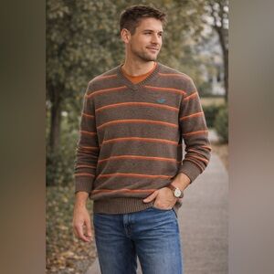 Hollister Mens V-Neck Knit Sweater Striped‎ Brown Orange Casual Cotton Large